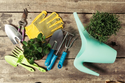 This image displays a top-down view of gardening tools and plant accessories arranged on a rustic wooden surface. Visible elements include a pair of yellow gardening gloves, a small hand trowel with a metallic blade, a pair of pruning shears with purple handles, a green plastic plant spray nozzle, a plant pot with lush green foliage, and a set of small hand tools with blue handles including a hoe and a cultivator. The wooden surface provides a natural textured background, suggesting a garden workspace or outdoor patio area. The assortment of gardening implements and potted plant emphasizes outdoor garden maintenance and planting activities, aligning with services such as lawn care, planting, or shed installation preparation offered by Landcasters Notting Hill in the Notting Hill area. The natural lighting highlights the vibrant green of the plant, the different textures of the tools, and the warm tones of the wood, creating an inviting scene dedicated to garden care and outdoor improvements.