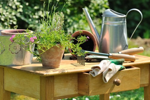 A wooden outdoor work surface in a garden setting holds various gardening tools and supplies, including potted plants with green foliage, a metal watering can, garden gloves, and small hand tools. The background features lush green trees and shrubs, indicating a well-maintained outdoor space, possibly in Notting Hill. The scene suggests ongoing gardening activity, with the surface clean and organized, ready for planting or plant care tasks. The natural lighting highlights the vibrant greenery and the textures of the garden tools and accessories, emphasizing a professional approach to gardening and outdoor maintenance as offered by Landscapers Notting Hill. The environment appears calm and conducive to garden care, with a focus on healthy plant growth and landscape upkeep, aligned with high standards typical of local gardening services.