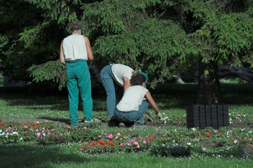 The image depicts three individuals working together in a lush garden with a backdrop of dense green trees. The garden features a well-maintained grass lawn in the foreground, with a border of colorful flowering plants and small shrubs. One person is bending over, tending to the flowers or soil, while another is crouched down, possibly planting or weeding, and the third is standing nearby, observing or assisting. The area appears to be a thoughtfully landscaped outdoor space, with a neat arrangement of plants and a shaded environment provided by the large, leafy trees. Natural lighting suggests a clear, sunny day, contributing to the vibrant and healthy appearance of the garden. This scene aligns with gardening and outdoor maintenance services offered by companies like Landscapers Notting Hill, emphasizing garden care, planting, and landscape upkeep in a suburban or urban setting near Notting Hill.