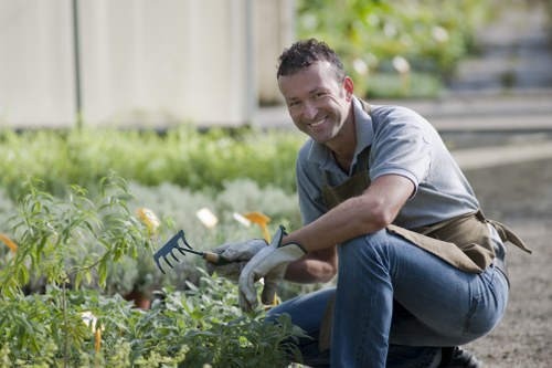 A smiling man wearing a grey shirt, blue jeans, and gardening gloves kneels on a gravel pathway in a backyard garden, holding a small hand rake while tending to green leafy plants within a well-maintained outdoor space. The garden features a lawn area with dense, green grass in the foreground, bordered by a mix of shrubs and flowering plants. In the background, there are steps leading up to a raised patio or deck area, with a wooden fence and lush trees providing a natural backdrop. The scene suggests a well-organized garden with an emphasis on outdoor maintenance, landscaping, and lawn care, typical of professional gardening services in Notting Hill or surrounding areas.